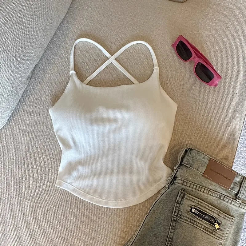 Summer Sexy ort Tank Top Women's Slim Fit Csole Vest Outerwear with Chest Pad Strap Vest Pure Color Faion Design