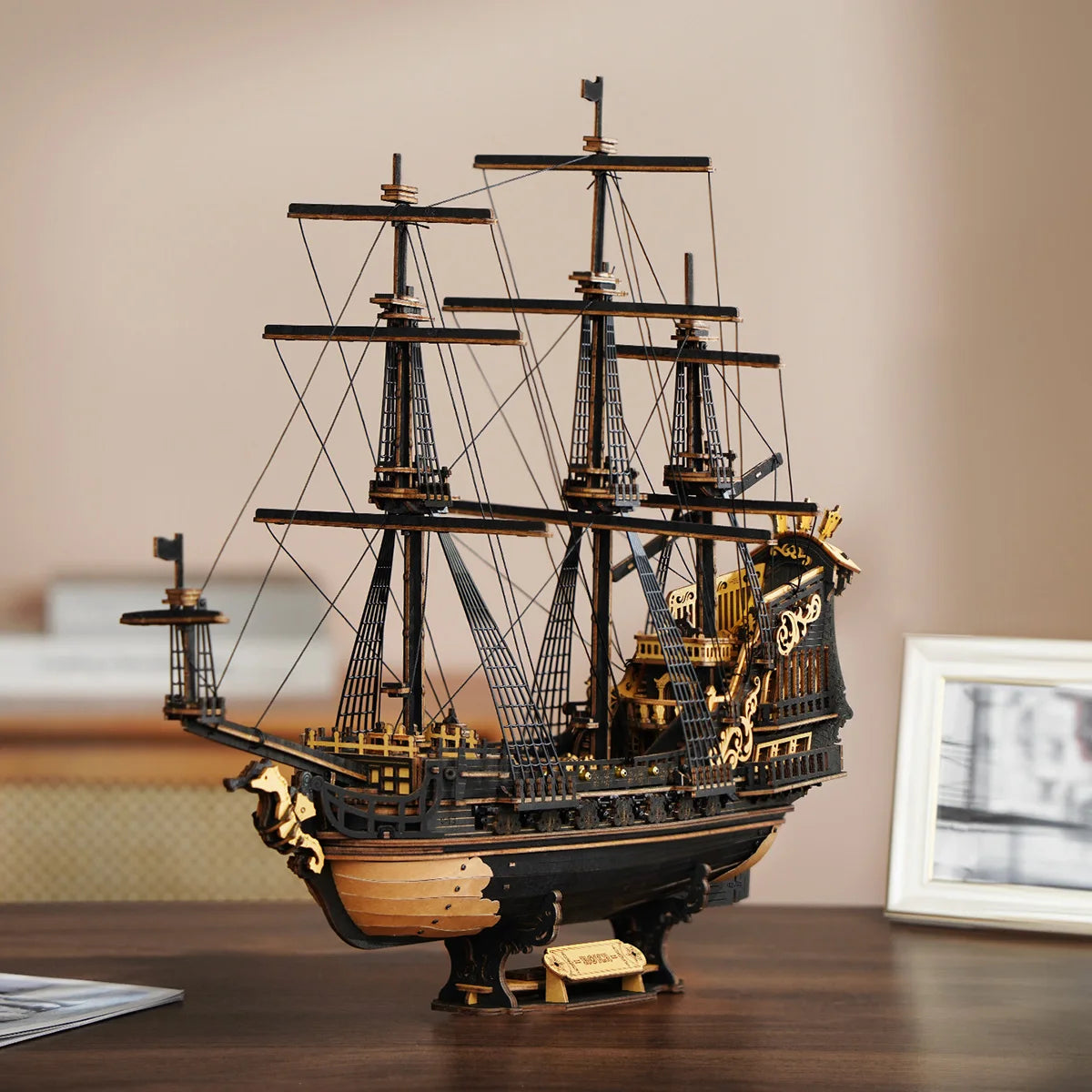 Robotime ROKR The Seahorse Barque Pre-colored Baroque-era Warship for Adult Gifts for Family Building Block Kit 3D Wooden Puzzle