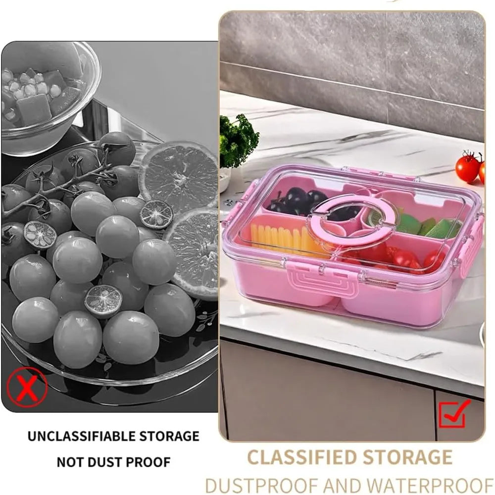 Snack Box Container, 4 Compartments Divided Serving Tray with Lid, Snackle Box Container, Snack Organizer for Fruit, Veggie, Per