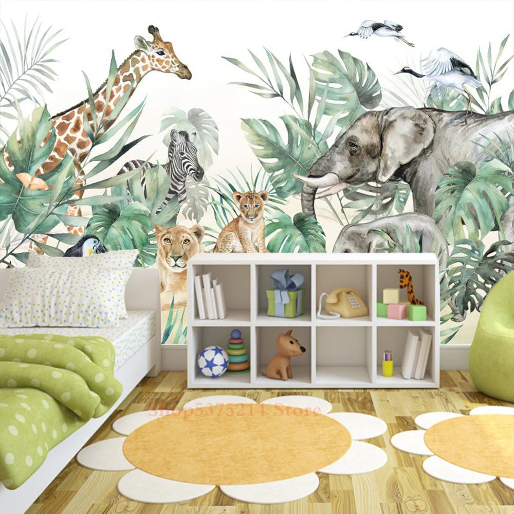 Baby Kids Room Decorative Wallpaper Jungle Animals Printed Wall Wallpapers For Nursery Room Renovation Elephant Giraffe Custom
