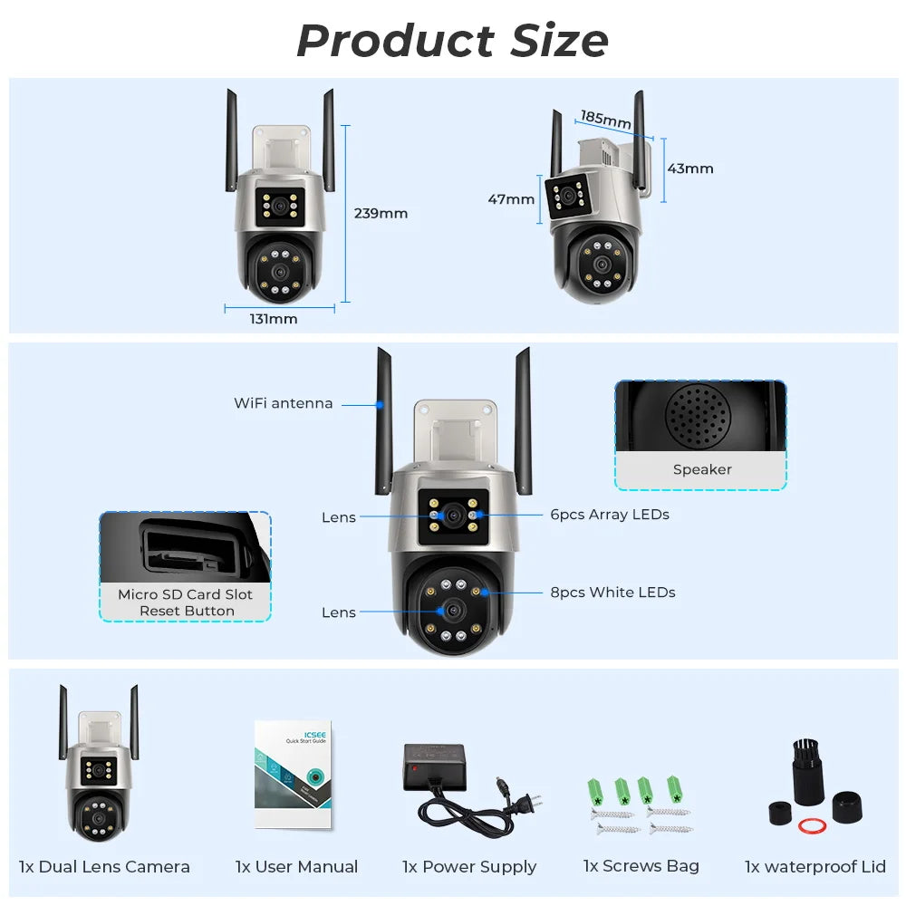 8MP 4K Dual Lens PTZ IP Camera Outdoor Ai Human Detection CCTV Security Camera Color Night Vision Wifi Surveillance Camera ICsee