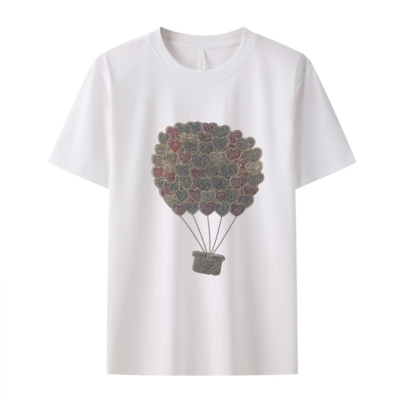 Super flash love balloon hot diamond women's T-shirt hot summer short-sleeved diamond shiny lady round collar cotton T-shirt