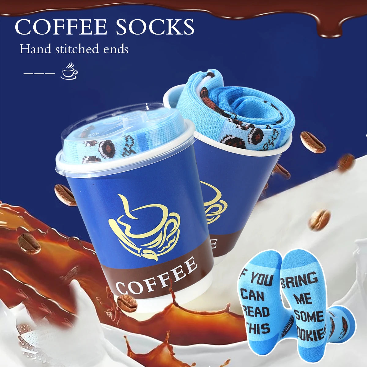1 pair of mid-calf socks for men and women in a novelty coffee design, practical and suitable for holiday gifting.