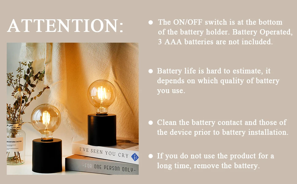 2Pcs Black Battery Powered Table Lamp Wireless Lamps Cordless Light Bedside Lights Candle Holder for Bedroom Wedding Home Decor