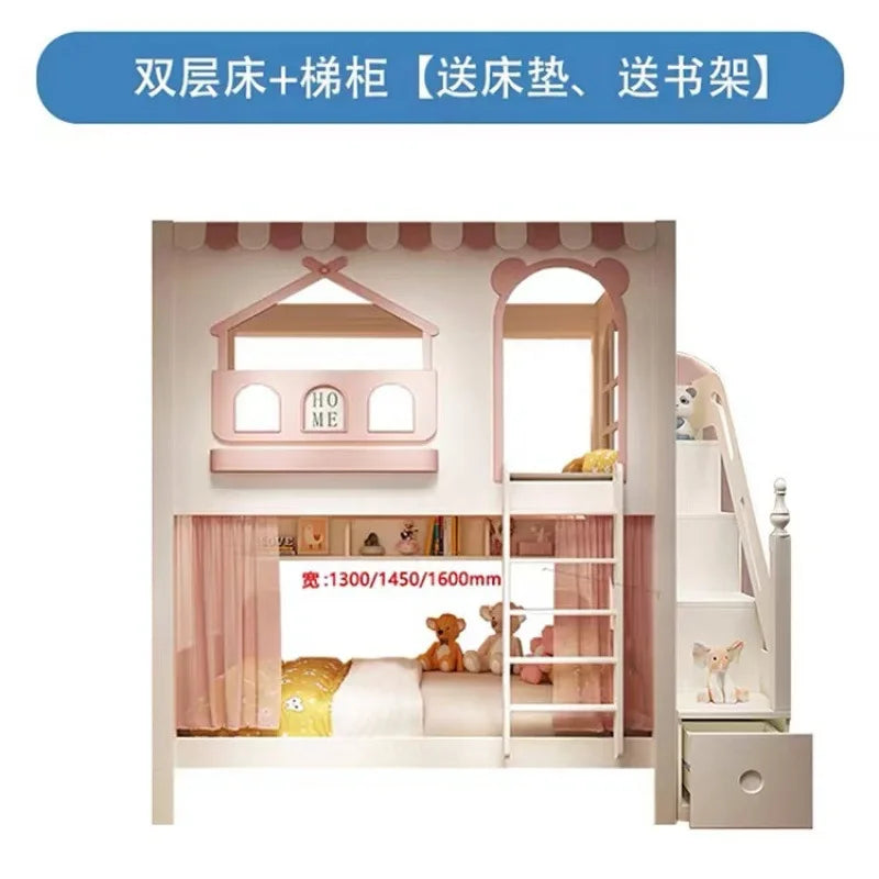Customizable girl princess bunk bed two-story high-low sister high guardrail slide elevated bed