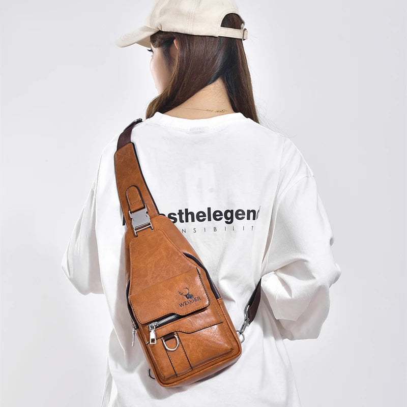 New PU Leather Crossbody Bag Vintage Casual Chest Bag Men Women Large Capacity Waterproof Sling Bag Simple Business Shoulder Bag
