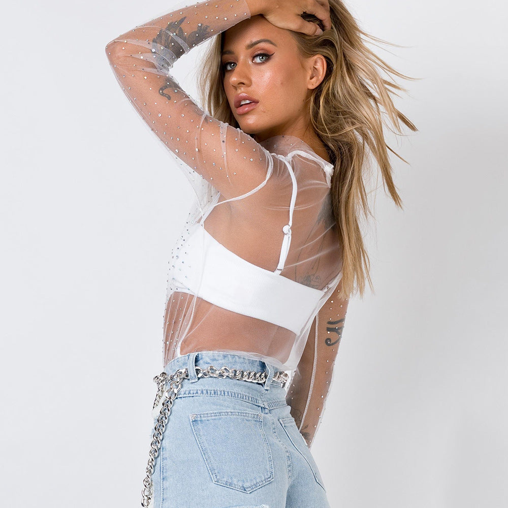Summer Sexy Lace Mesh Sheer T Shirt Women Transparent Tops Turtleneck See Through Cover Up  Long Sleeve Shine Rhinestone Crops