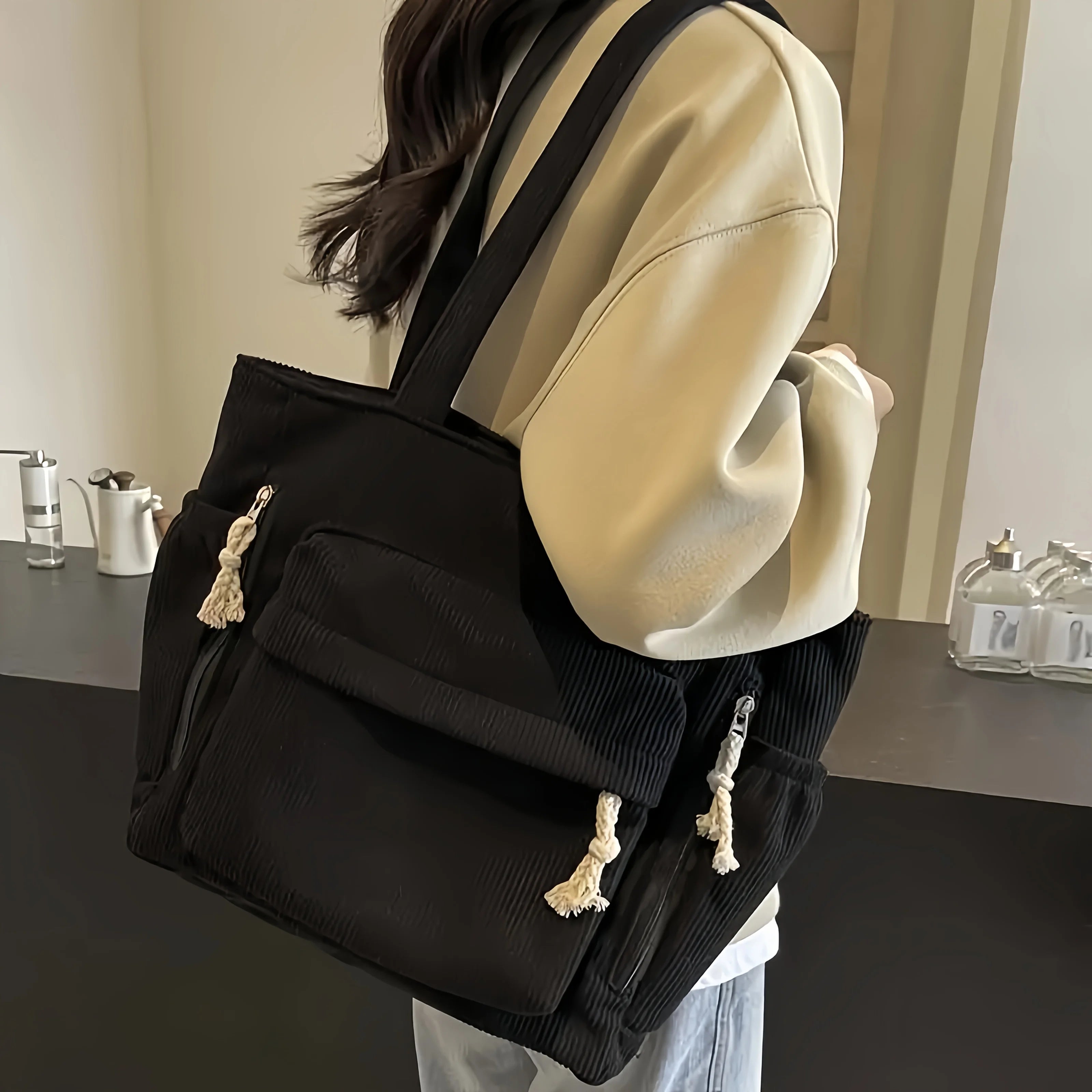 Vintage Corduroy Handbag Shoulder Bag with Multiple Pockets, Fixed Straps, Zipper Closure, Ideal for Outing, Commuting, Travel