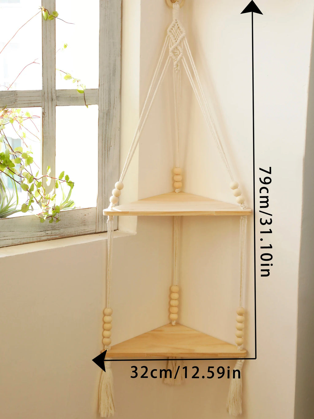 Macrame Hanging Shelf Boho Wall Hanging Handmade Rope Rustic Wood Floating Shelves Hanging Corner Wall Shelf Bedroom Decor Gifts