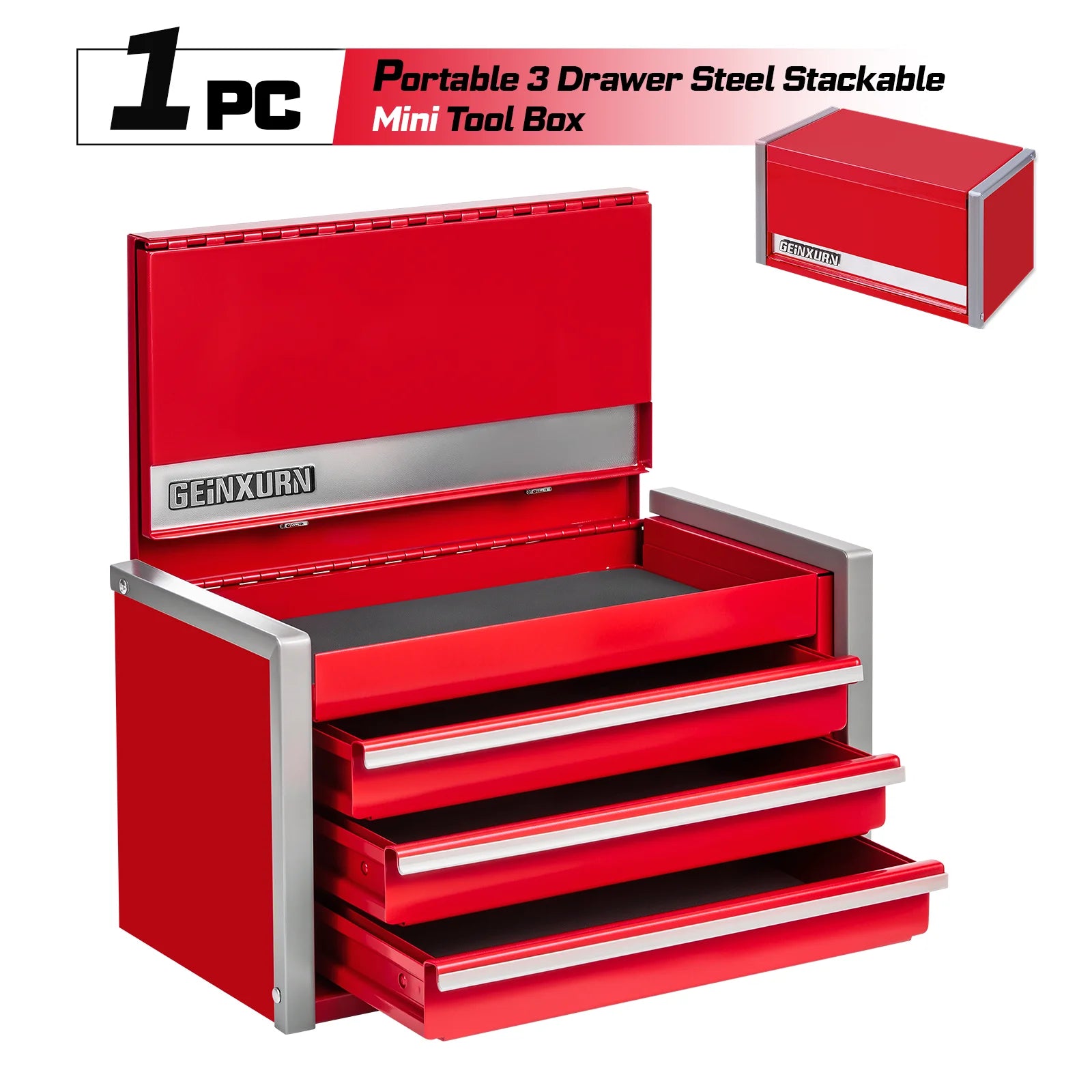 Geinxurn Mini Tool Box, Red Portable 3 or 5 Drawer Micro Roll Cab Steel Stackable Tool Cases with Magnetic Tab Locking
