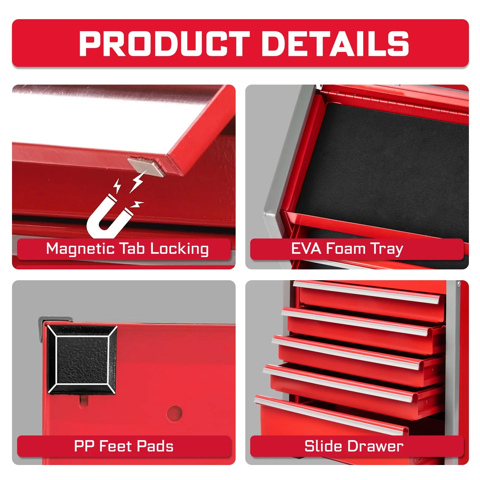 Geinxurn Mini Tool Box, Red Portable 3 or 5 Drawer Micro Roll Cab Steel Stackable Tool Cases with Magnetic Tab Locking