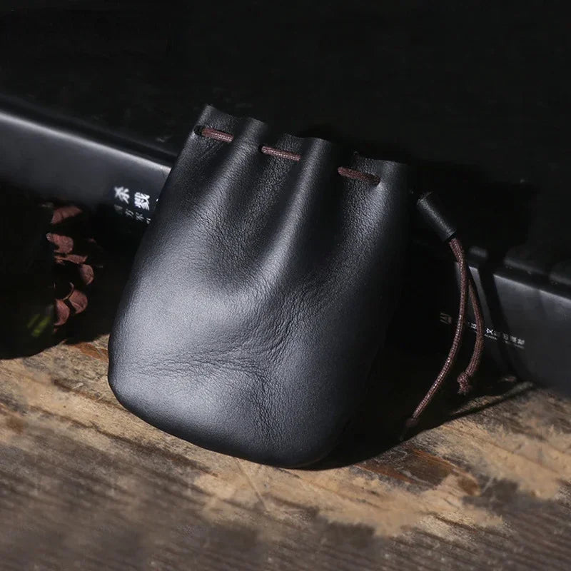 Drawstring Coin Storage Bag Handmade Genuine Leather Unisex Coin Purse Cow Leather Coins Money Pocket Retro Wallet Bags