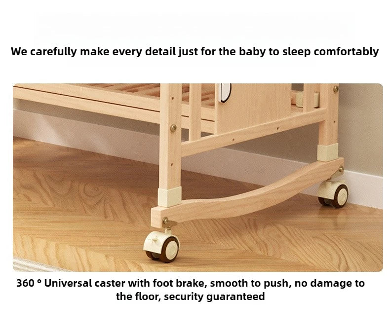 Baby Comfortable Sleeping Bed Solid Wood Newborn Baby Bed Multifunctional Baby Rocking Bed with Wheels and mosquito net