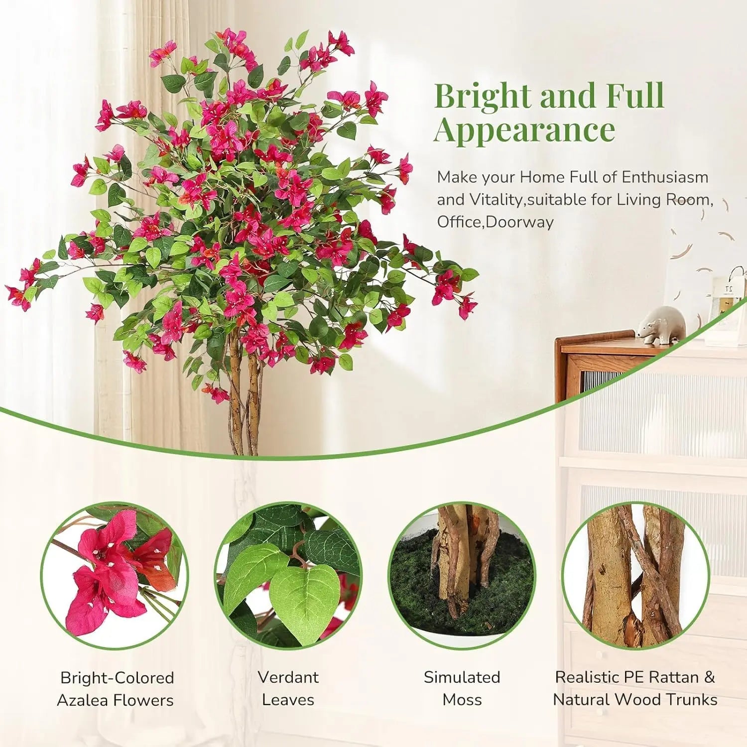 Artificial Bougainvillea Tree, Tall Potted Lifelike Tree Indoor, Faux Tree with Wood Trunk and Pink Flowers for Outdoor
