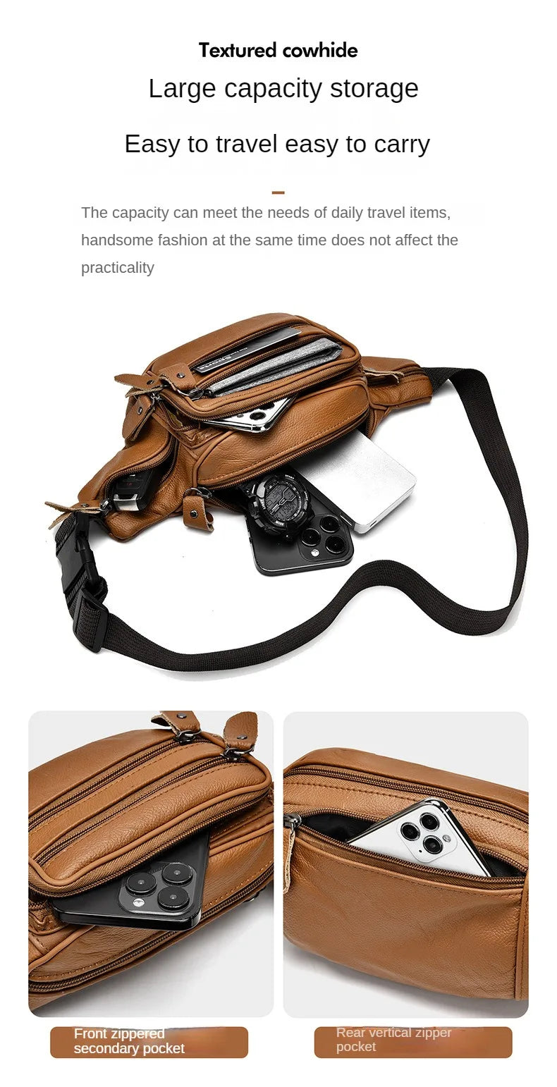 Large Capacity Waterproof PU Leather Men's Waist Bag Male Zipper Site Workers Travel Phone Bag Fanny Pack Men