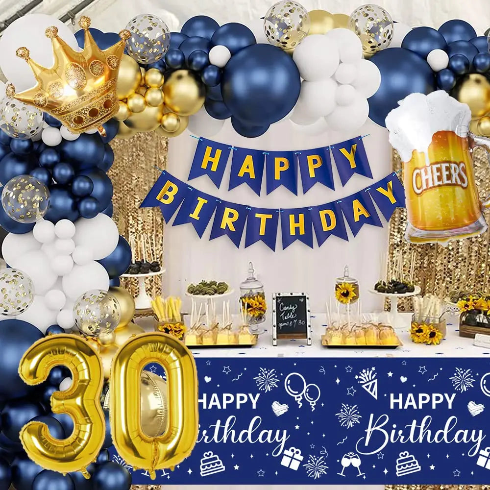 Men 30th 40th Birthday Decorations Night Blue Gold Birthday Balloon Garland Kit with Birthday Shoulder Strap and Tablecloth