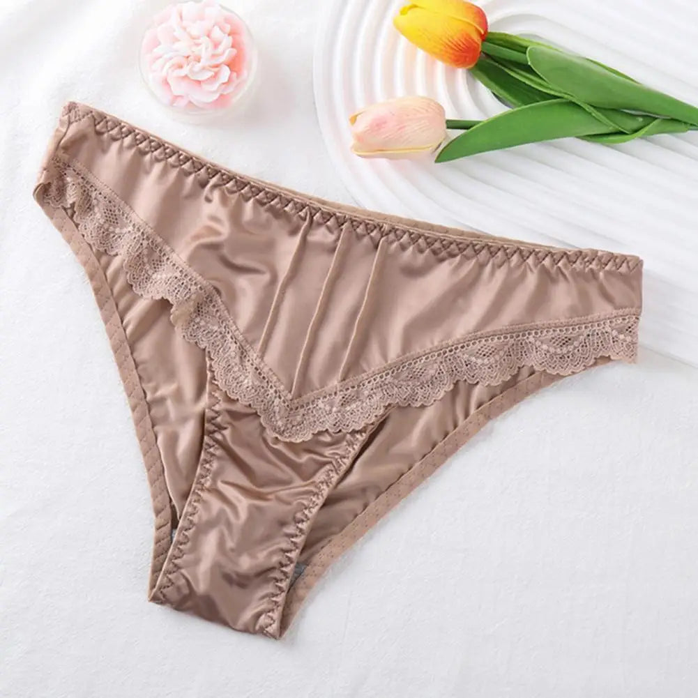 Women Underpants Low-waist Underwear Floral Lace Trim Silky Stretchable Panties Daily Wear Honeymoon Wedding Night Thong 여자 팬티