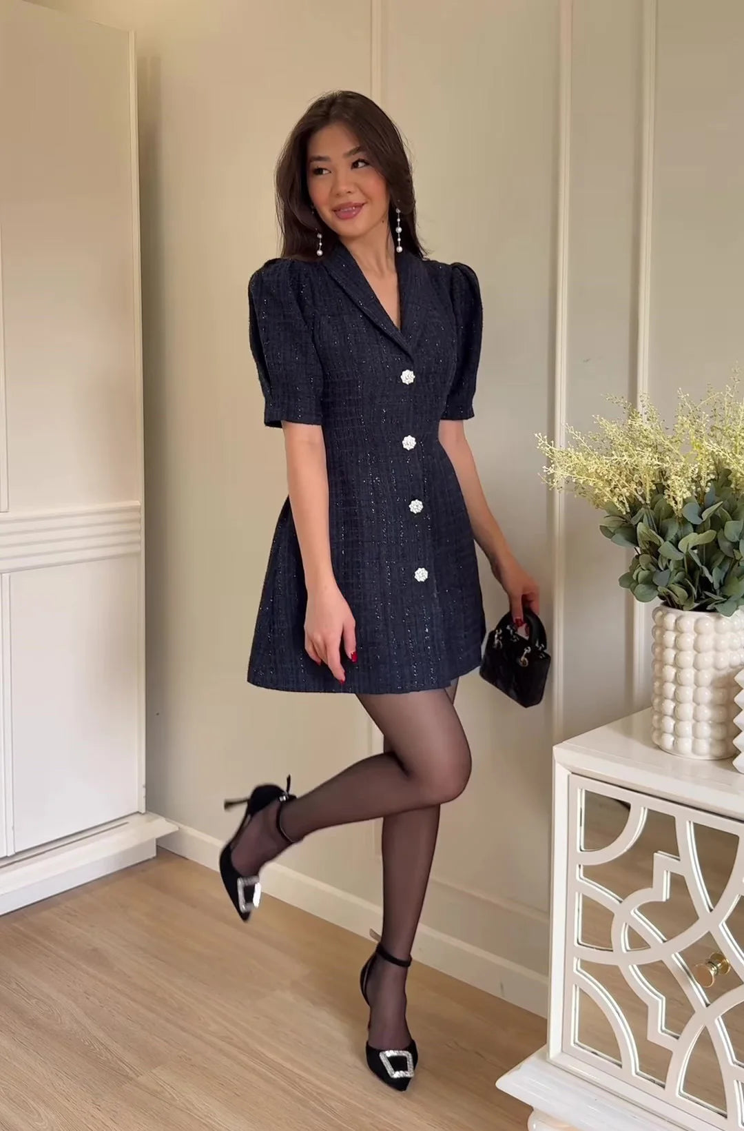 Women's Clothing 2026 Spring New Suit Collar Short Sleeve Cardigan Elegant Mini Bodycon Dress