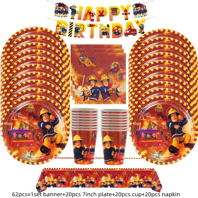 Fireman Sam Party Supplies Disposable Tableware Set Paper Plates Cups Tablecloth Fire Truck Birthday Party Decor Boys Baby Showe