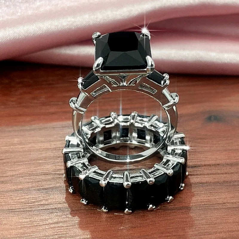 CAOSHI 2Pcs/Set Gorgeous Wedding Rings for Women Brilliant Cubic Zirconia Finger Jewelry for Anniversary Party Fashion Lady Gift