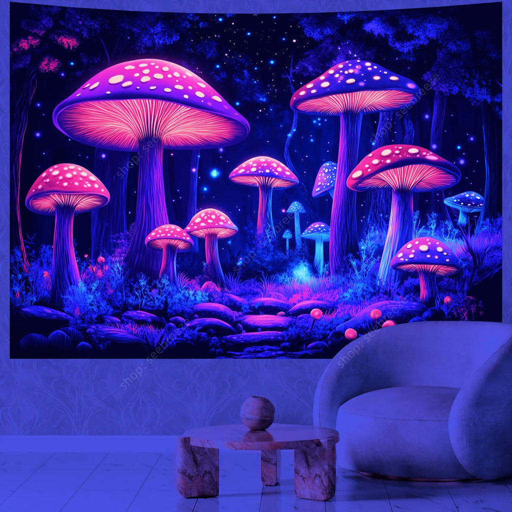Fantasy Mushroom UV Reactive Tapestry Beautiful Floral Plant Tapestry Wall Hanging Gothic Home Wall Decor Room Decor Aesthetic