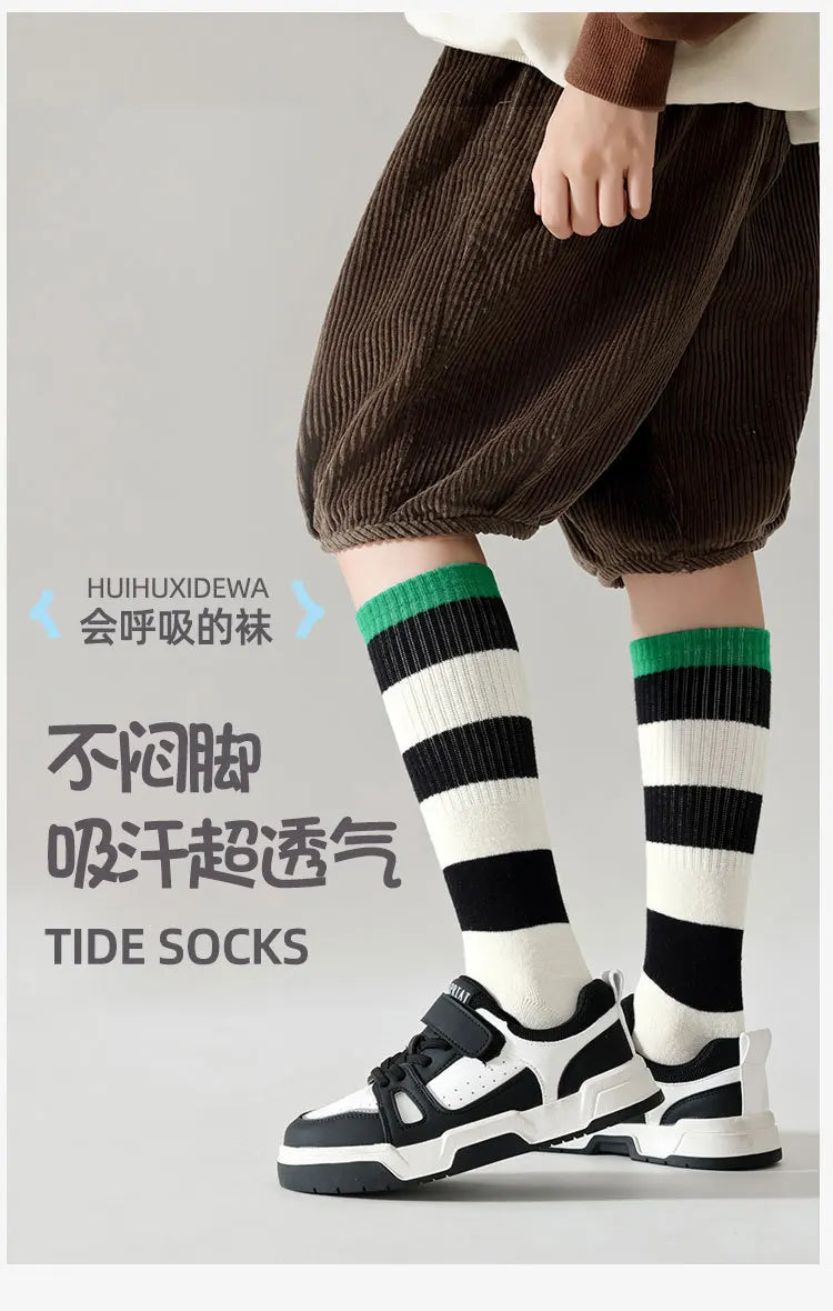 4 Pairs Long Socks Children's Newest Tennis Socks Knee Socks Cotton Striped Sporty Socks Boys Girls Skating Athletic Socks