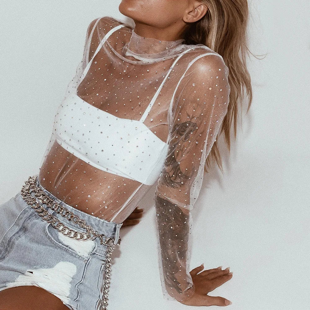 Summer Sexy Lace Mesh Sheer T Shirt Women Transparent Tops Turtleneck See Through Cover Up  Long Sleeve Shine Rhinestone Crops