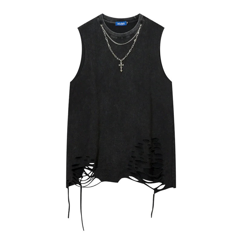 Hip Hop Tank Tops Men's Vintage Washed Sleeveless T-Shirt Hole Harajuku Dancing Breathable Tops with Necklace Streetwear