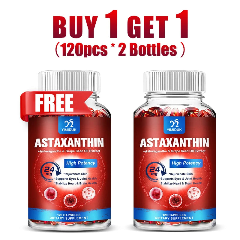 Astaxanthin 24 Mg Capsules, with Grape Seed Oil & Ashwagandha Root Extract, for Healthy Vision, Boosts lmmunity, Radiant Skin