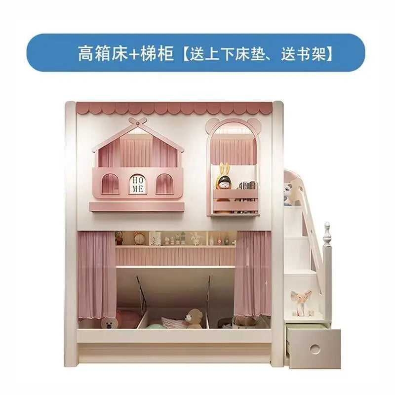 Customizable girl princess bunk bed two-story high-low sister high guardrail slide elevated bed
