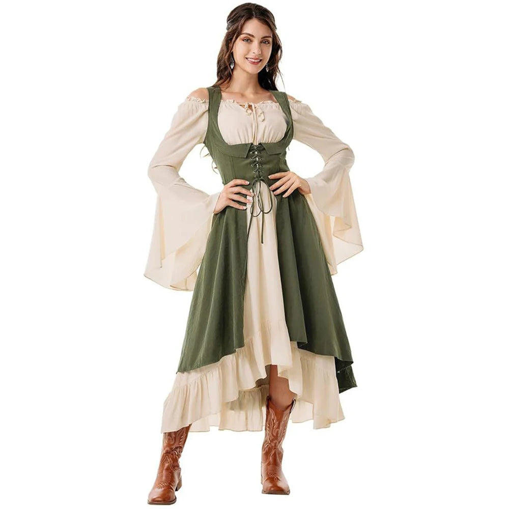 Womens Vintage Cosplay Party Costumes Halloween Pirate Costume Captain Huntress Clubwear Corset Dresses  Renaissance GothicLong