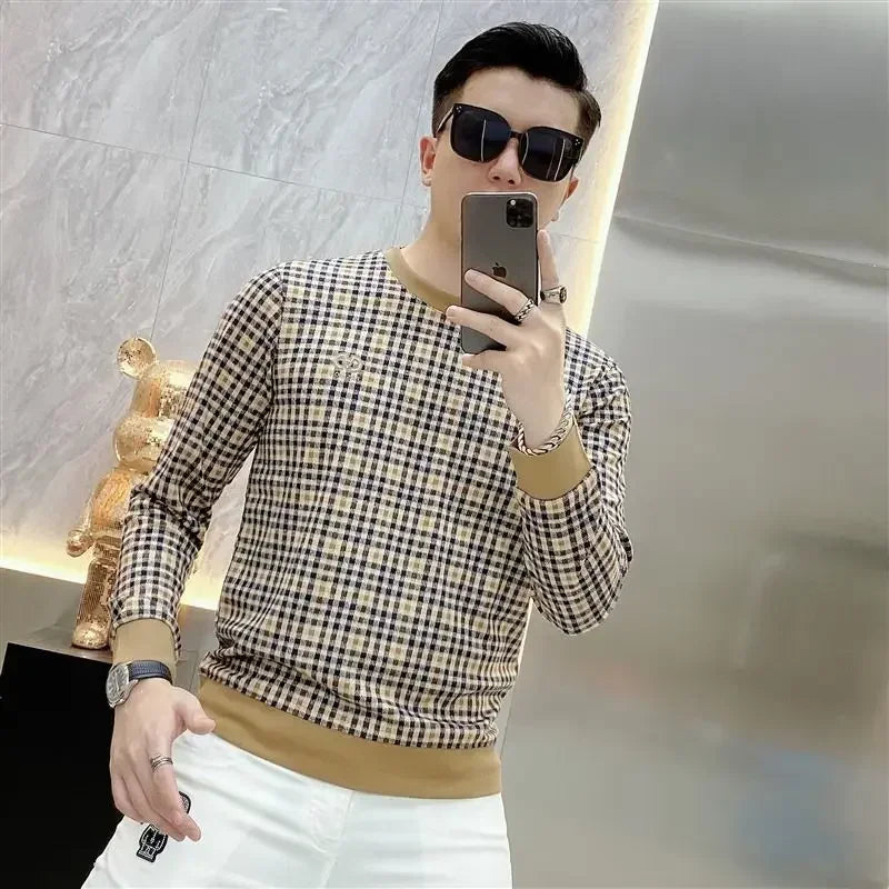 Men's Clothing New Rock Tight Top Slim Fit T Shirt for Man Sweatshirts Plaid Pullover High Quality Polyester Sale A Streetwear F