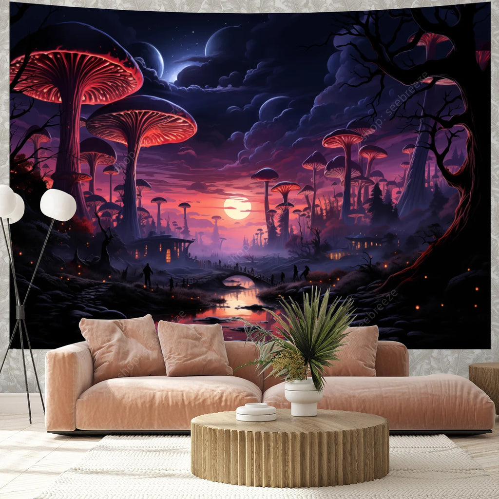 Fantasy Mushroom UV Reactive Tapestry Beautiful Floral Plant Tapestry Wall Hanging Gothic Home Wall Decor Room Decor Aesthetic