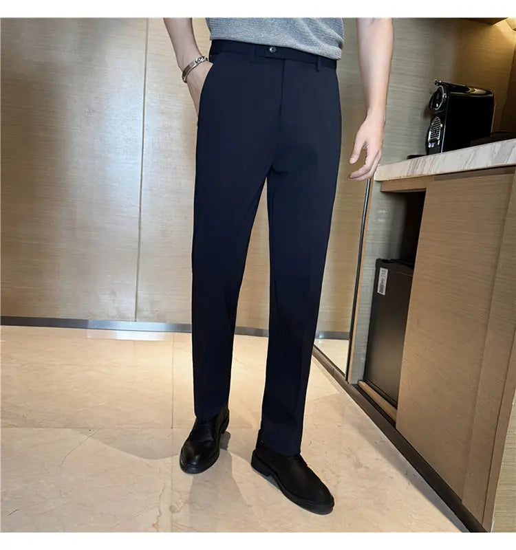 Men Suit Pant Elastic Waist Solid Slim Fit Dress Pants Light Thin Business Casual Office Social Trouser Oversized Men Clothing