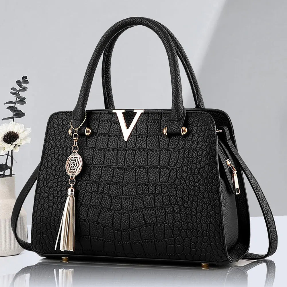 Women's Crocodile-Print Handbag New PU Leather Tassel Shoulder Bag Large Capacity Handle Bag Lady Purse For Outdoor Shopping