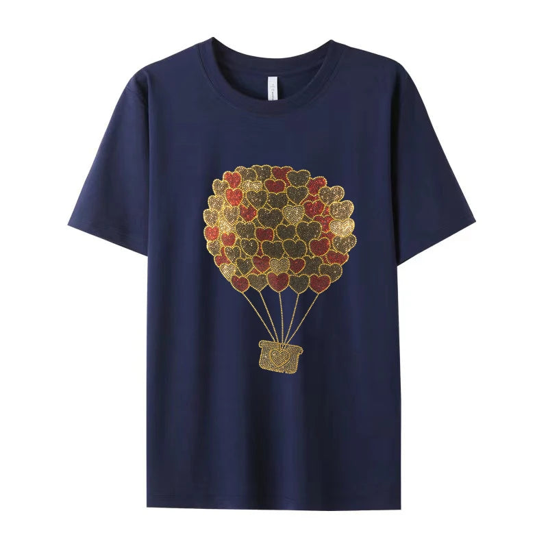 Super flash love balloon hot diamond women's T-shirt hot summer short-sleeved diamond shiny lady round collar cotton T-shirt