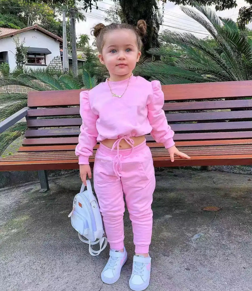 Children's Kids Girls Fall Clothing Outfits Solid Color Long Sleeve Crop Tops+Sport Pants Trousers Fashion Clothes Sets 1-7Y