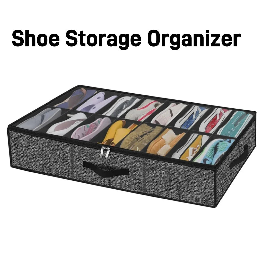 Shoe Storage Organizer Box with Reinforced Handles for Under Bed, Fit 12 Pairs, Collapsible Closet Underbed Shoes Container Bags