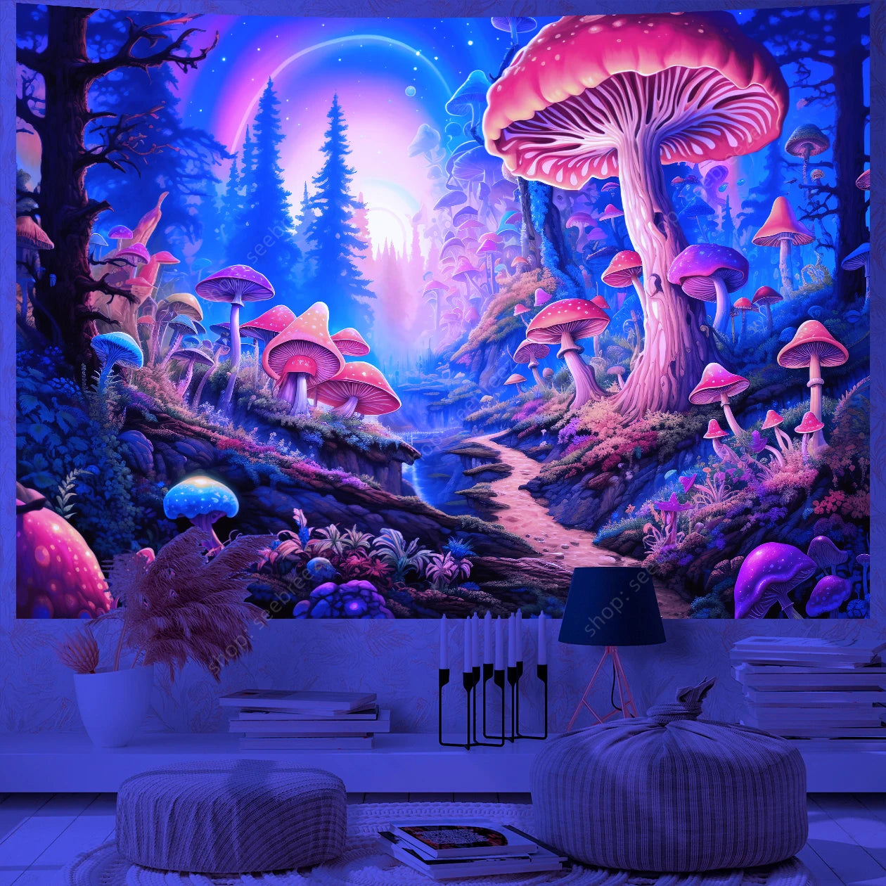 Fantasy Mushroom UV Reactive Tapestry Beautiful Floral Plant Tapestry Wall Hanging Gothic Home Wall Decor Room Decor Aesthetic