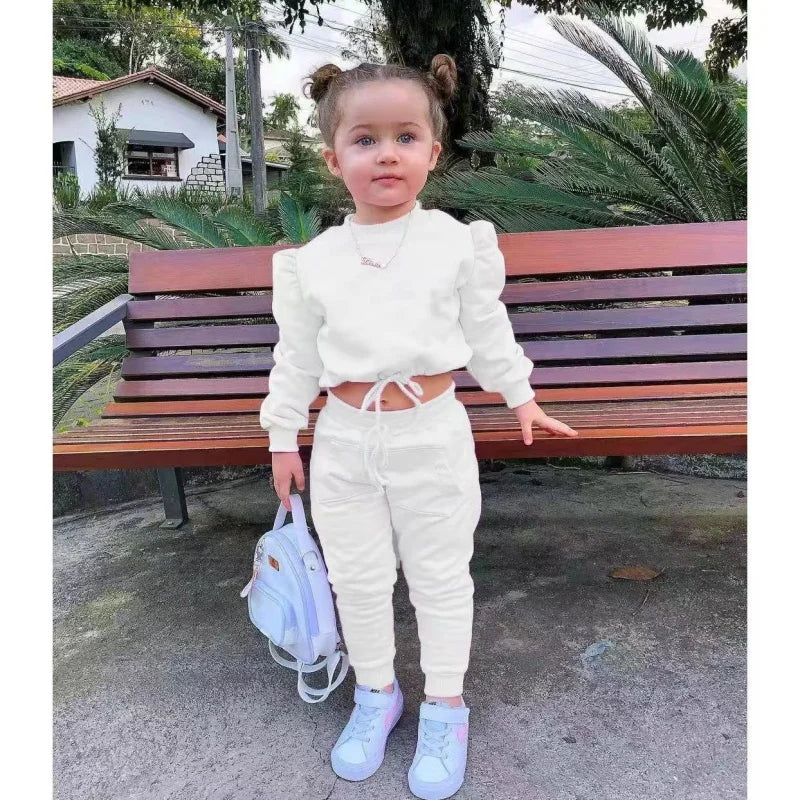 Children's Kids Girls Fall Clothing Outfits Solid Color Long Sleeve Crop Tops+Sport Pants Trousers Fashion Clothes Sets 1-7Y