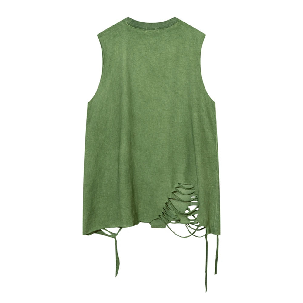 Hip Hop Tank Tops Men's Vintage Washed Sleeveless T-Shirt Hole Harajuku Dancing Breathable Tops with Necklace Streetwear