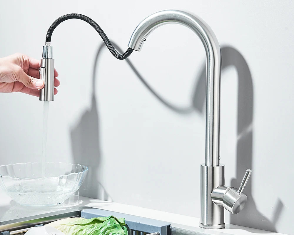 Pull Down Kitchen Sink Faucet Pull Out Two Function Single Handle Hot and Cold Water Mixer Taps Deck Mounted