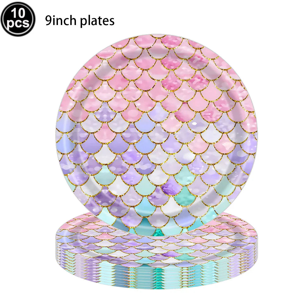 Mermaid Tableware Set Paper Plates Cup Tablecloth Little Mermaid Balloons Kids Girl Mermaid Birthday Party Decoration Supplies