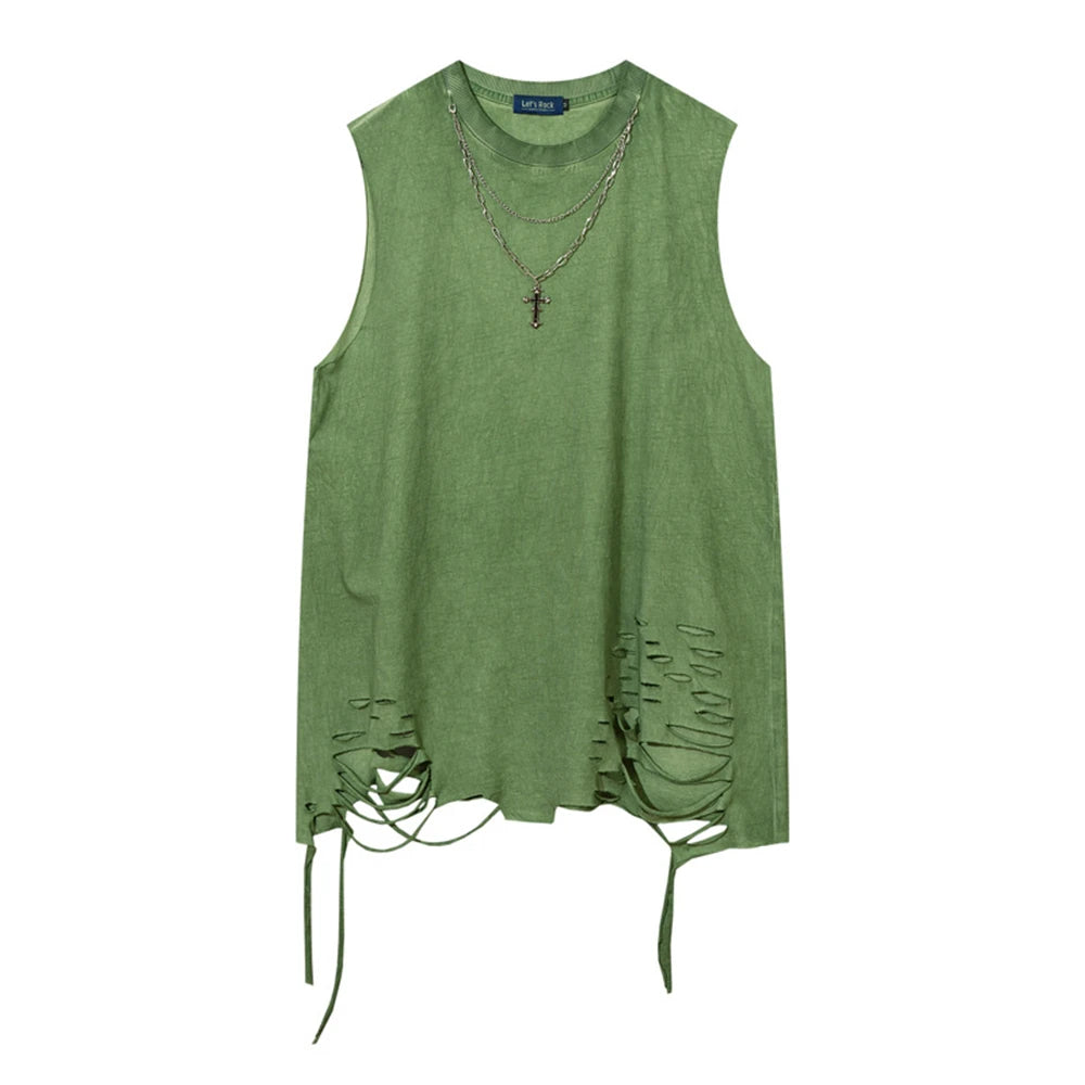 Hip Hop Tank Tops Men's Vintage Washed Sleeveless T-Shirt Hole Harajuku Dancing Breathable Tops with Necklace Streetwear