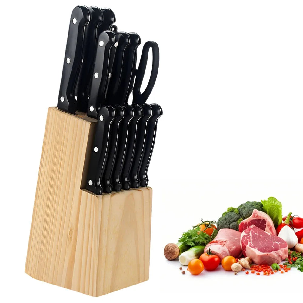 ZENG Full 15pcs Chef Knife Set Stainless Steel Kitchen Knives Sets with Scissors,Sharpening Rod,Solid Wood Holder Cooking Tool