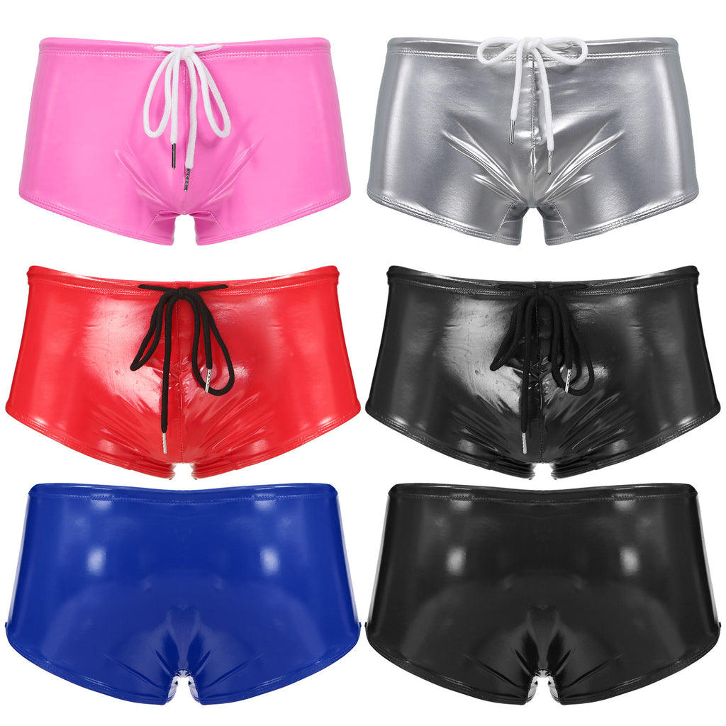 Men Swimming Trunks Wet Look Patent Leather Shorts Short Pants Low Rise Drawstring Boxer Shorts Beach Swimwear Party Clubwear