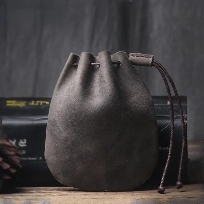 Drawstring Coin Storage Bag Handmade Genuine Leather Unisex Coin Purse Cow Leather Coins Money Pocket Retro Wallet Bags