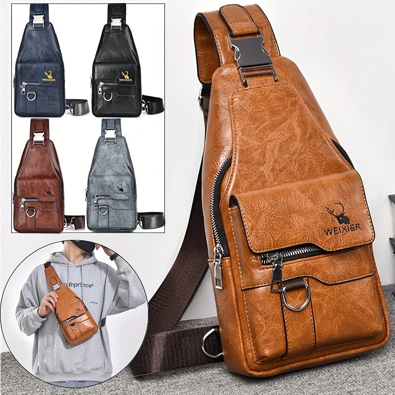 New PU Leather Crossbody Bag Vintage Casual Chest Bag Men Women Large Capacity Waterproof Sling Bag Simple Business Shoulder Bag