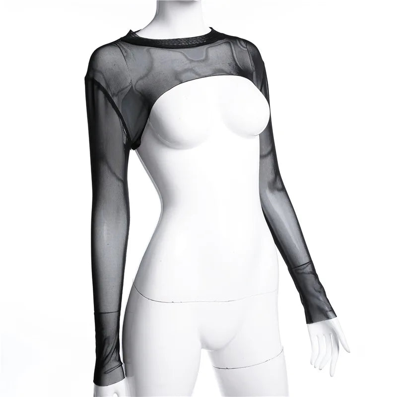 Hot Summer Sexy Top Ultra Short Perspective Round Neck Long Sleeve Solid Color Transparent T-shirt Women's Top