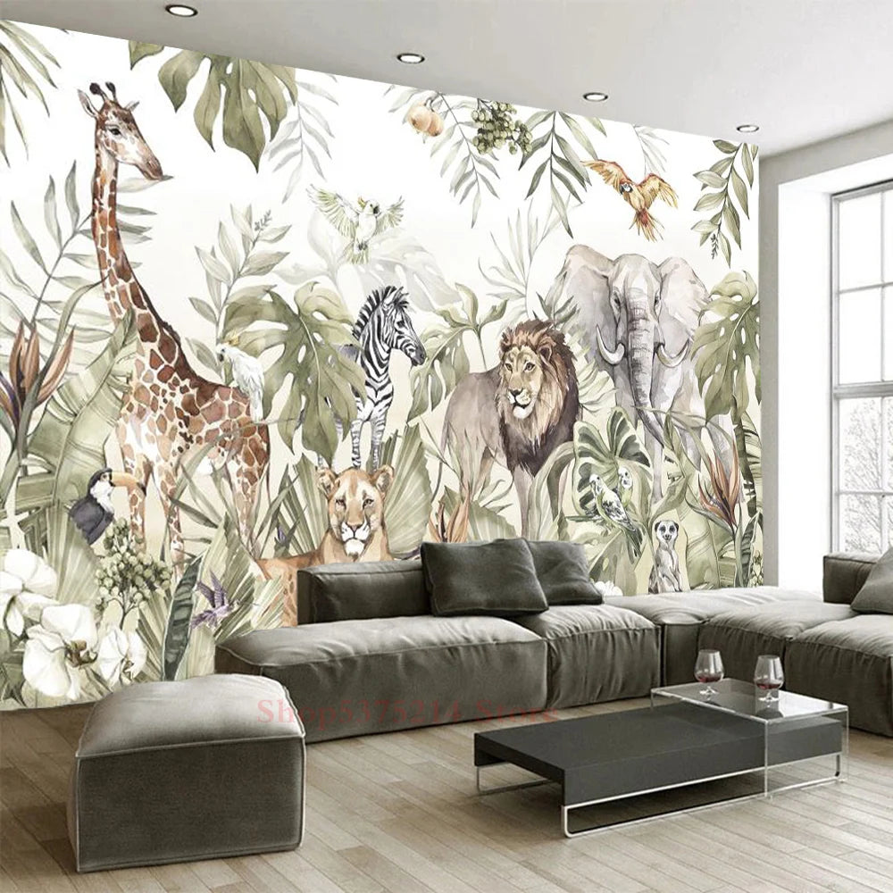 Baby Kids Room Decorative Wallpaper Jungle Animals Printed Wall Wallpapers For Nursery Room Renovation Elephant Giraffe Custom